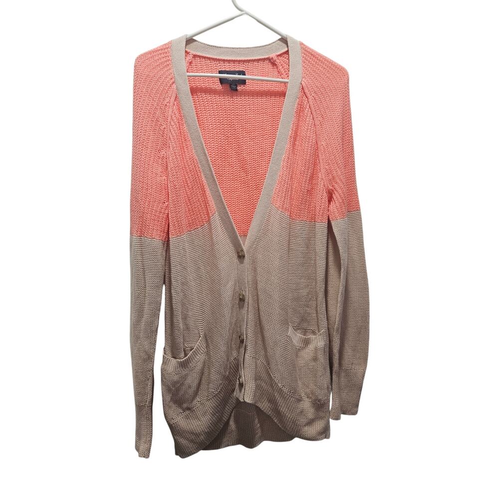 American Eagle NWOT Y2K Revival Colorblock Knit Cardigan Coral Tan Longline L